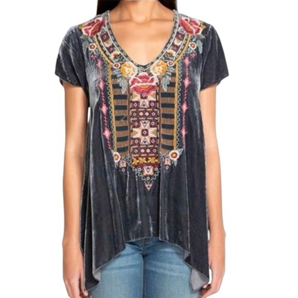 Johnny Was Cherelle Velvet Embroidered Drape Tunic Top Women's Small